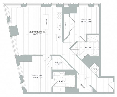 Floor plan for 2 beds, 2 baths, 1249 sqft