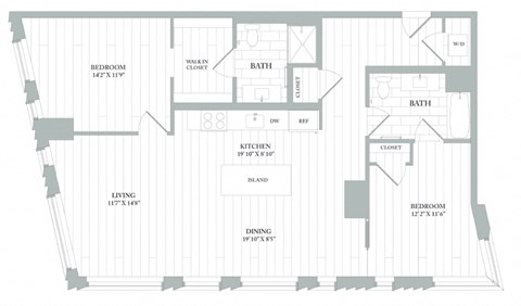 Floor plan for 2 beds, 2 baths, 1275 sqft