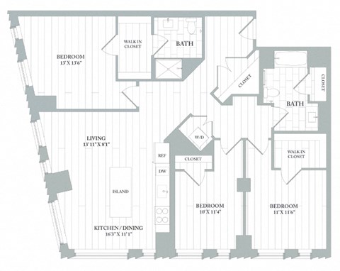 Floor plan for 3 beds, 2 baths, 1459 sqft