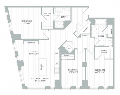 Floor plan for 3 beds, 2 baths, 1455 sqft