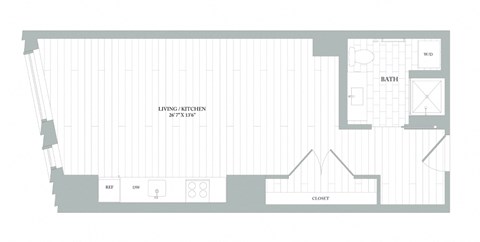 Floor plan for studio, 1 bath, 533 sqft