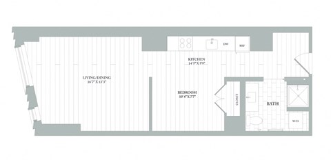 Floor plan for studio, 1 bath, 580 sqft