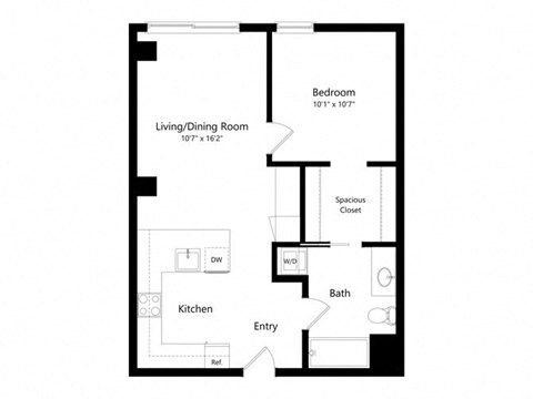 Floor plan for 1 bed, 1 bath, 657 sqft