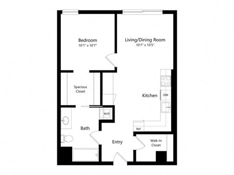 Floor plan for 1 bed, 1 bath, 643 sqft