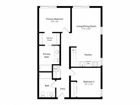 Floor plan for 2 beds, 2 baths, 973 sqft