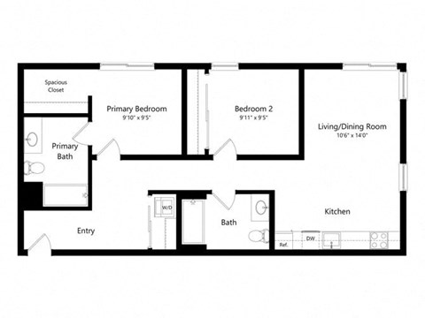 Floor plan for 2 beds, 2 baths, 954 sqft