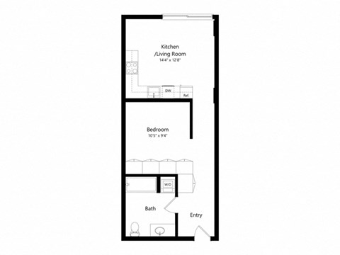 Floor plan for 1 bed, 1 bath, 614 sqft