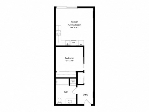 Floor plan for 1 bed, 1 bath, 589 sqft
