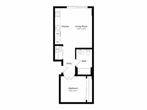 Floor plan for 1 bed, 1 bath, 544 sqft