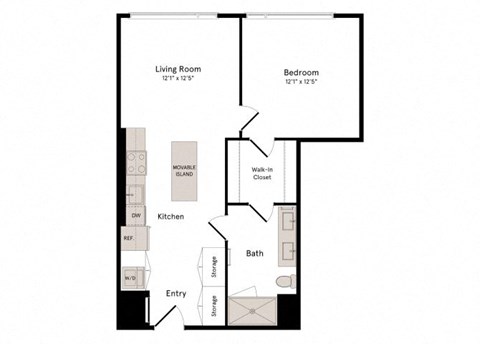 Floor plan for 1 bed, 1 bath, 724 sqft
