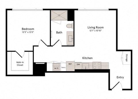 Floor plan for 1 bed, 1 bath, 711 sqft
