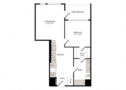 Floor plan for 1 bed, 1 bath, 756 sqft