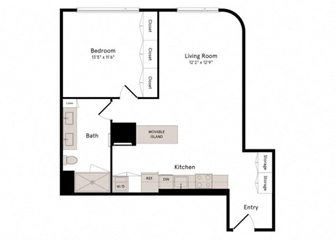 Floor plan for 1 bed, 1 bath, 817 sqft