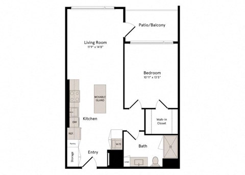 Floor plan for 1 bed, 1 bath, 737 sqft