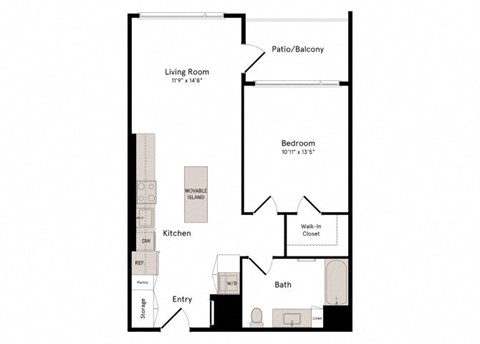 Floor plan for 1 bed, 1 bath, 753 sqft