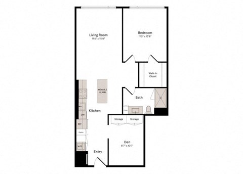Floor plan for 1 bed, 1 bath, 929 sqft