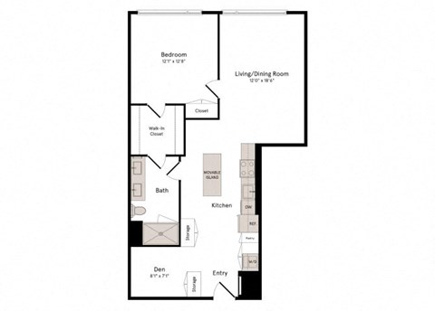 Floor plan for 1 bed, 1 bath, 926 sqft