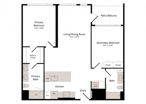 Floor plan for 2 beds, 2 baths, 1155 sqft