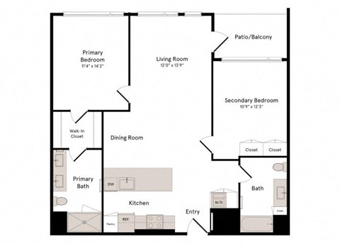 Floor plan for 2 beds, 2 baths, 1173 sqft