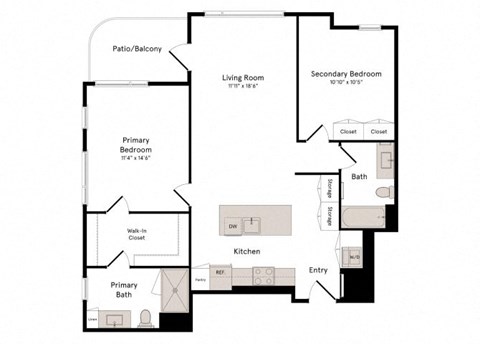 Floor plan for 2 beds, 2 baths, 1131 sqft