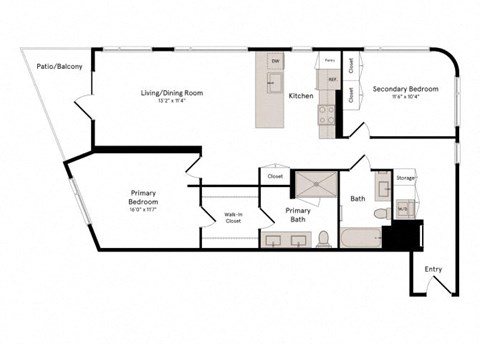 Floor plan for 2 beds, 2 baths, 1183 sqft