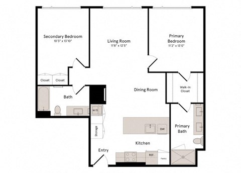 Floor plan for 2 beds, 2 baths, 1066 sqft