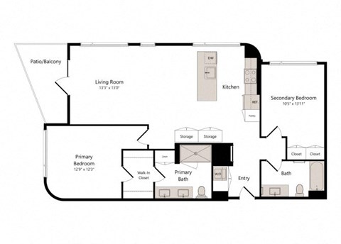 Floor plan for 2 beds, 2 baths, 1198 sqft