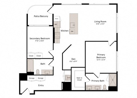 Floor plan for 2 beds, 2 baths, 1240 sqft