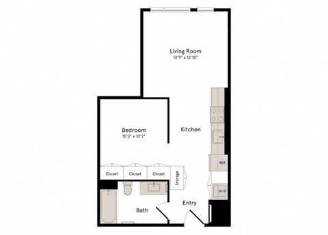 Floor plan for studio, 1 bath, 579 sqft