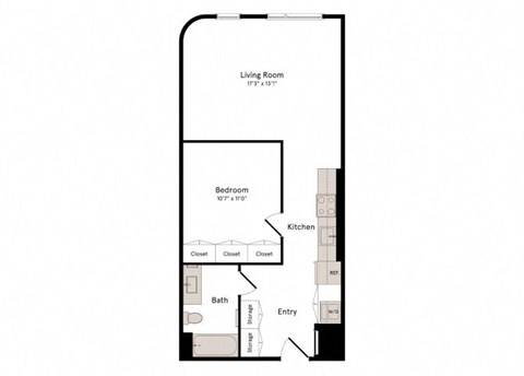 Floor plan for 1 bed, 1 bath, 687 sqft