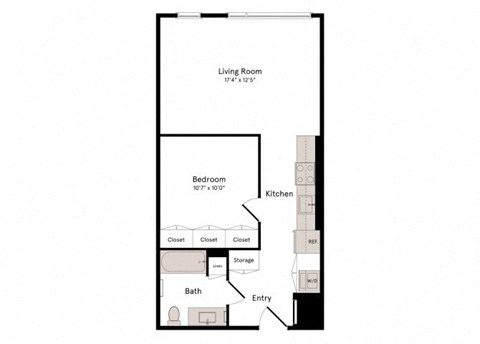 Floor plan for 1 bed, 1 bath, 611 sqft