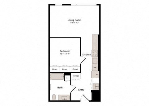 Floor plan for 1 bed, 1 bath, 629 sqft