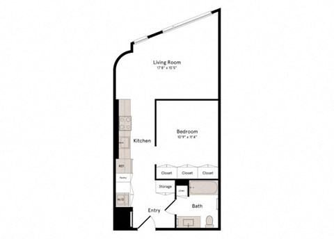 Floor plan for studio, 1 bath, 649 sqft