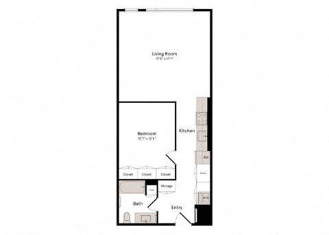 Floor plan for 1 bed, 1 bath, 753 sqft
