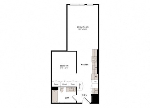 Floor plan for studio, 1 bath, 709 sqft