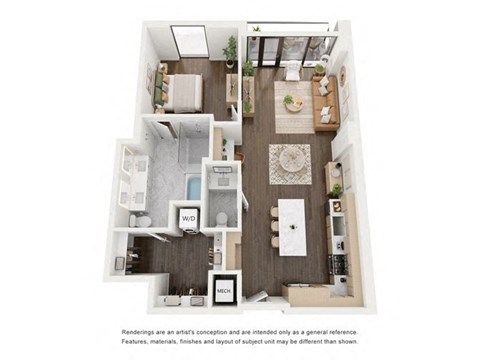 Floor plan for 1 bed, 1.5 baths, 1103 sqft