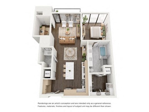 Floor plan for 1 bed, 1.5 baths, 1049 sqft