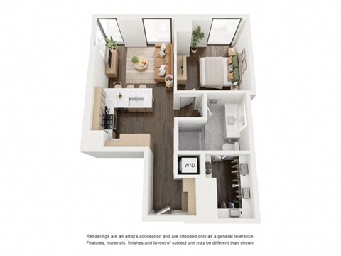 Floor plan for 1 bed, 1 bath, 701 sqft