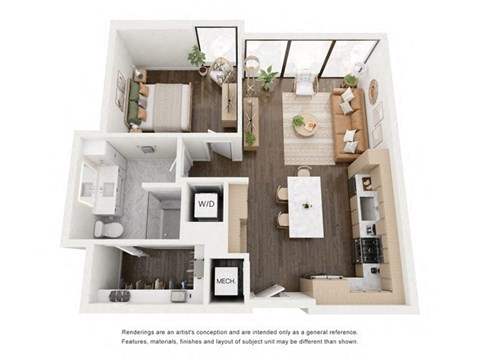 Floor plan for 1 bed, 1 bath, 767 sqft