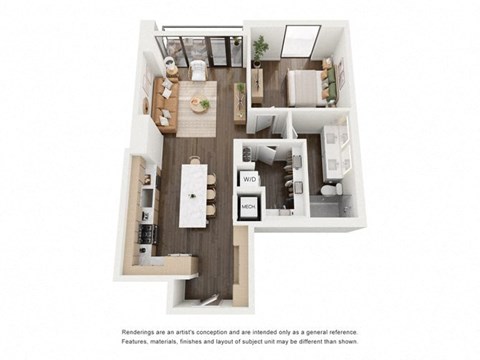 Floor plan for 1 bed, 1 bath, 914 sqft