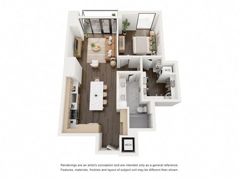 Floor plan for 1 bed, 1 bath, 885 sqft