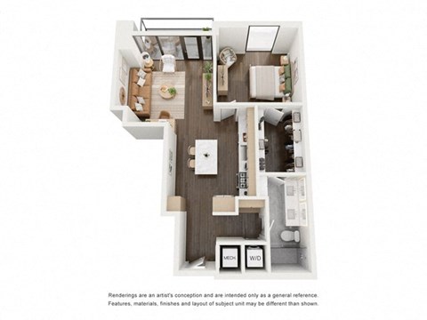 Floor plan for 1 bed, 1 bath, 882 sqft
