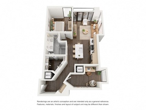 Floor plan for 1 bed, 1 bath, 929 sqft