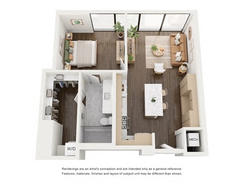 Floor plan for 1 bed, 1 bath, 834 sqft