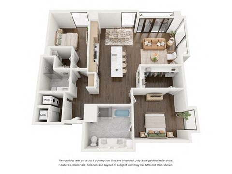 Floor plan for 2 beds, 2 baths, 1405 sqft