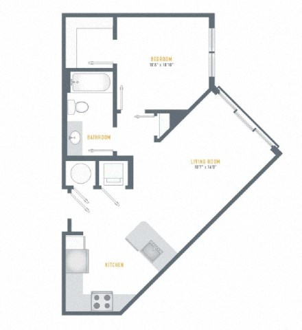 Floor plan for 1 bed, 1 bath, 608 sqft