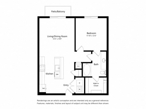 Floor plan for 1 bed, 1 bath, 799 sqft