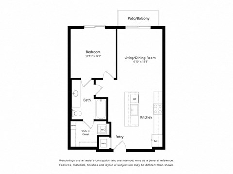 Floor plan for 1 bed, 1 bath, 697 sqft