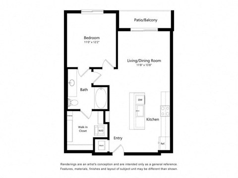 Floor plan for 1 bed, 1 bath, 728 sqft