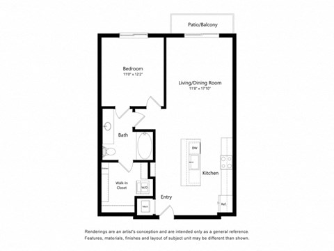 Floor plan for 1 bed, 1 bath, 776 sqft